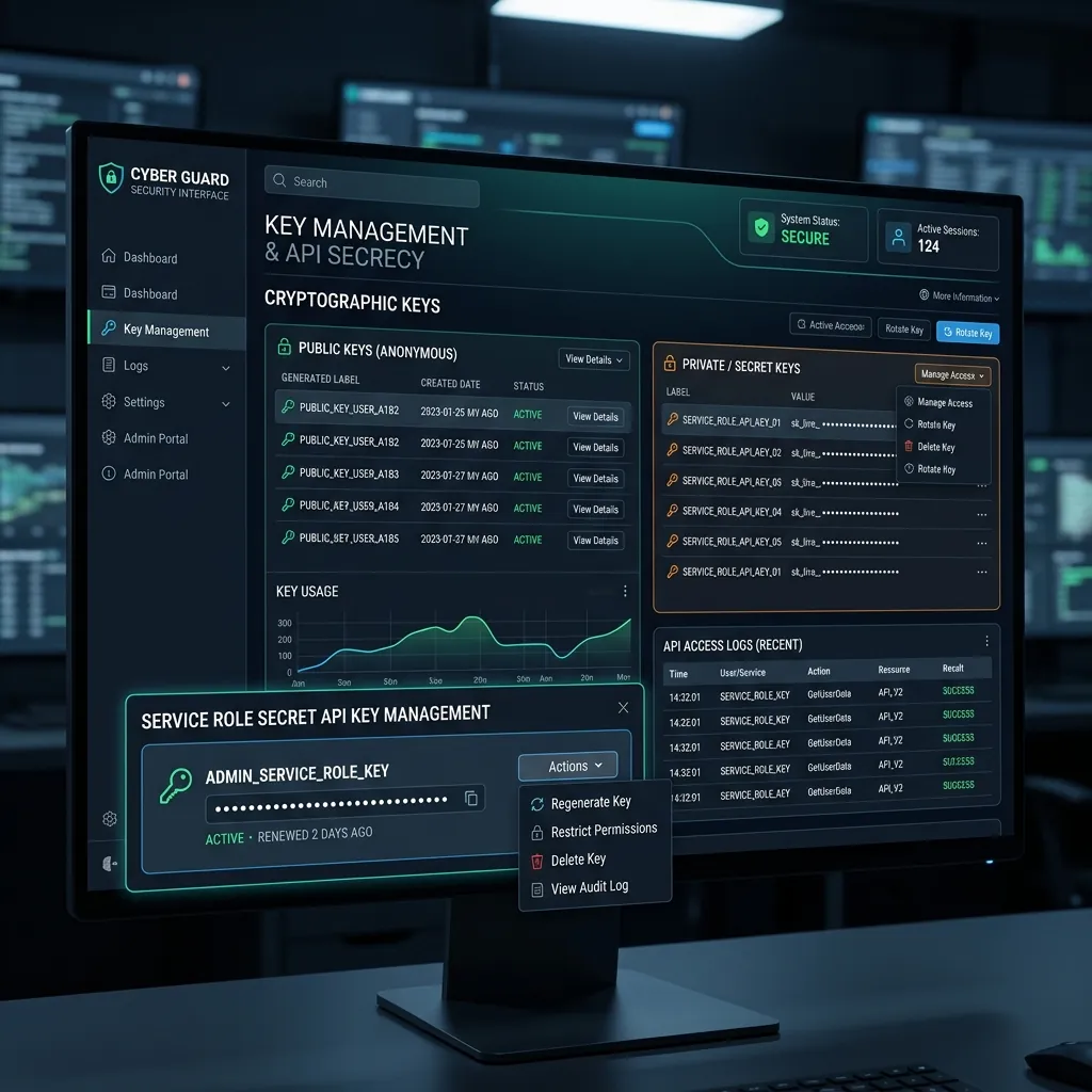 Digital security interface showing anon public key and service role secret API key management