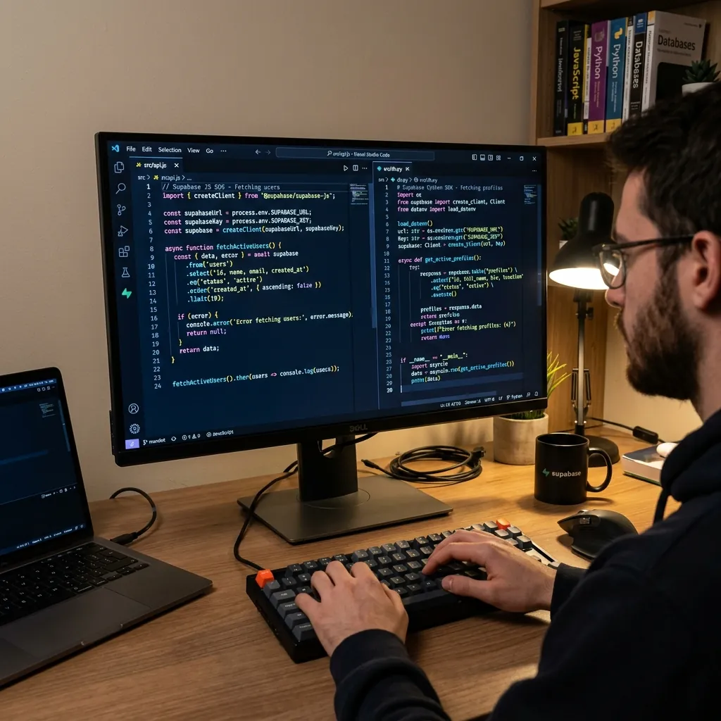 A programmer code editor showing JavaScript and Python Supabase client SDK query snippet
