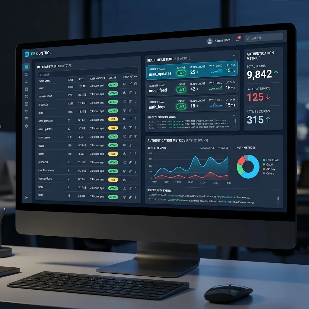 Sleek modern UI dashboard showing database tables realtime listener status and authentication metrics