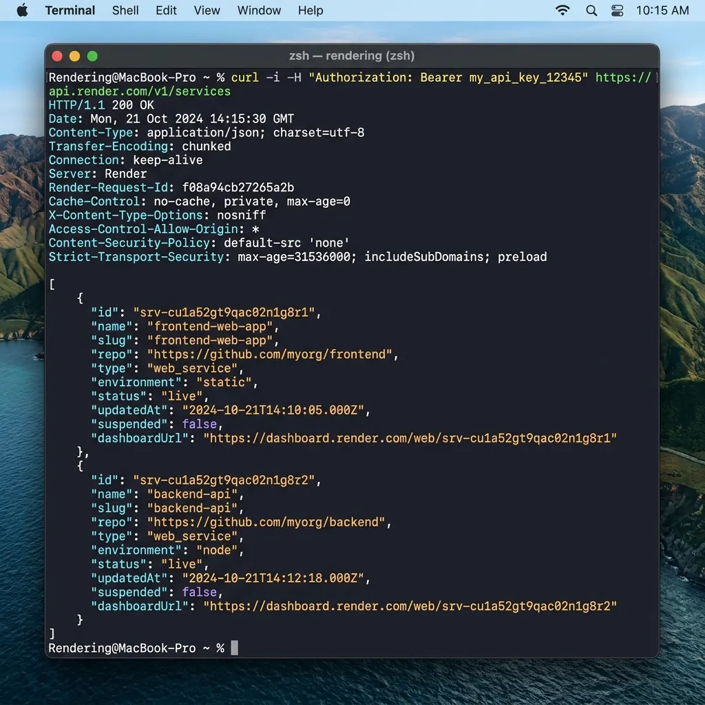 Screenshot of macOS terminal window showing cURL HTTP GET response from API