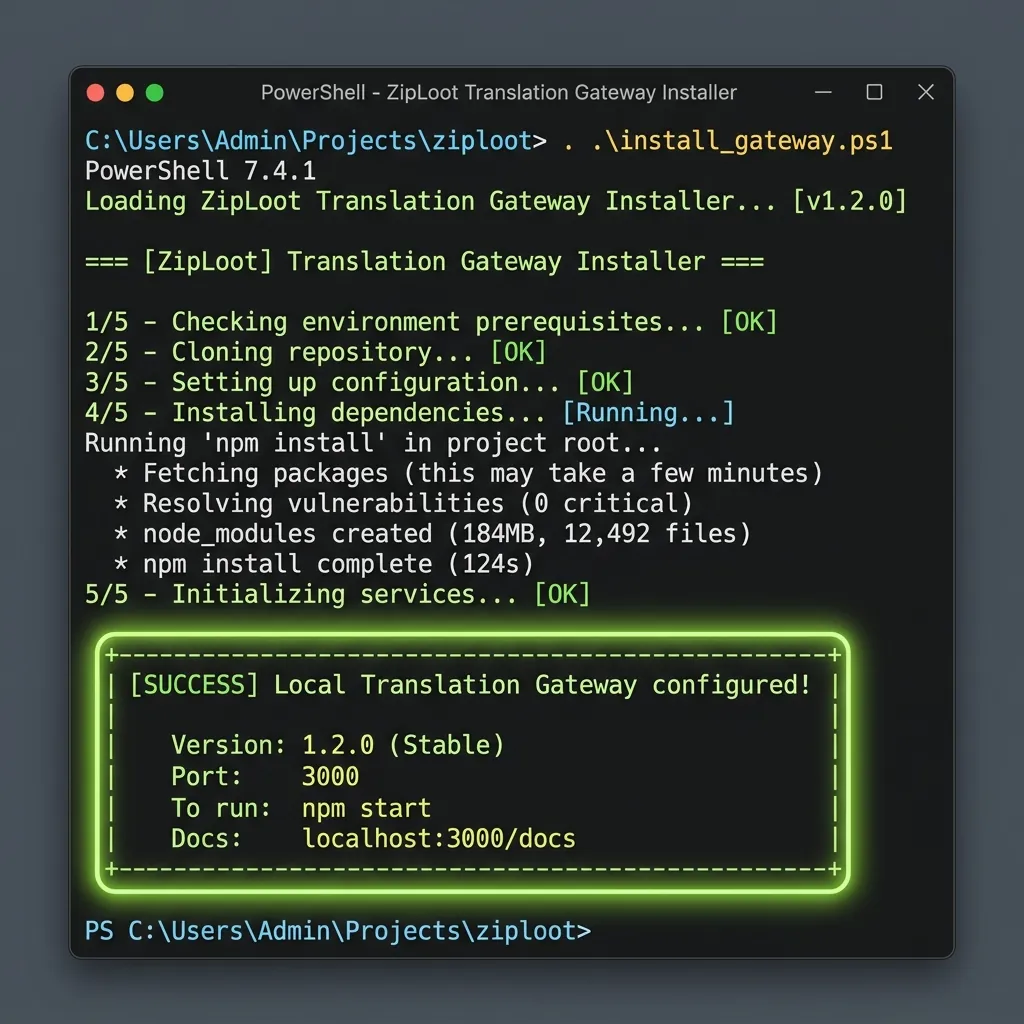 PowerShell terminal screenshot showing npm installs and local translation server initialization logs