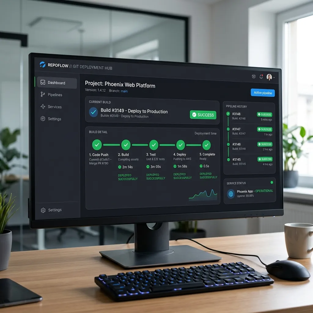 Sleek modern UI dashboard showing automated git deployment pipeline with green success badges
