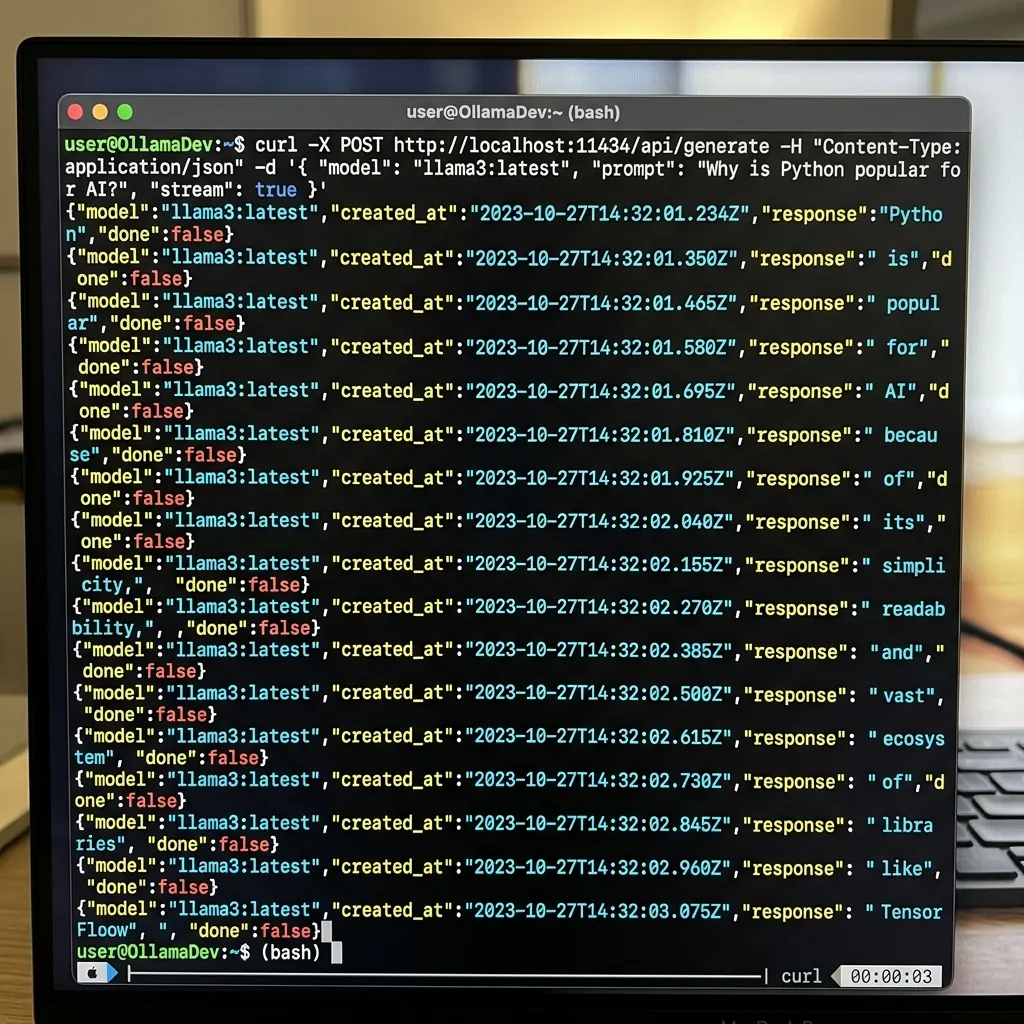 Terminal screenshot showing curl execution to localhost:11434 with JSON response