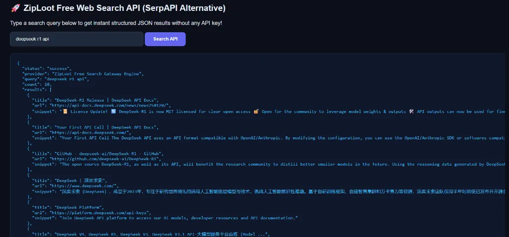 ZipLoot Free Web Search API Live Local Execution UI Screenshot