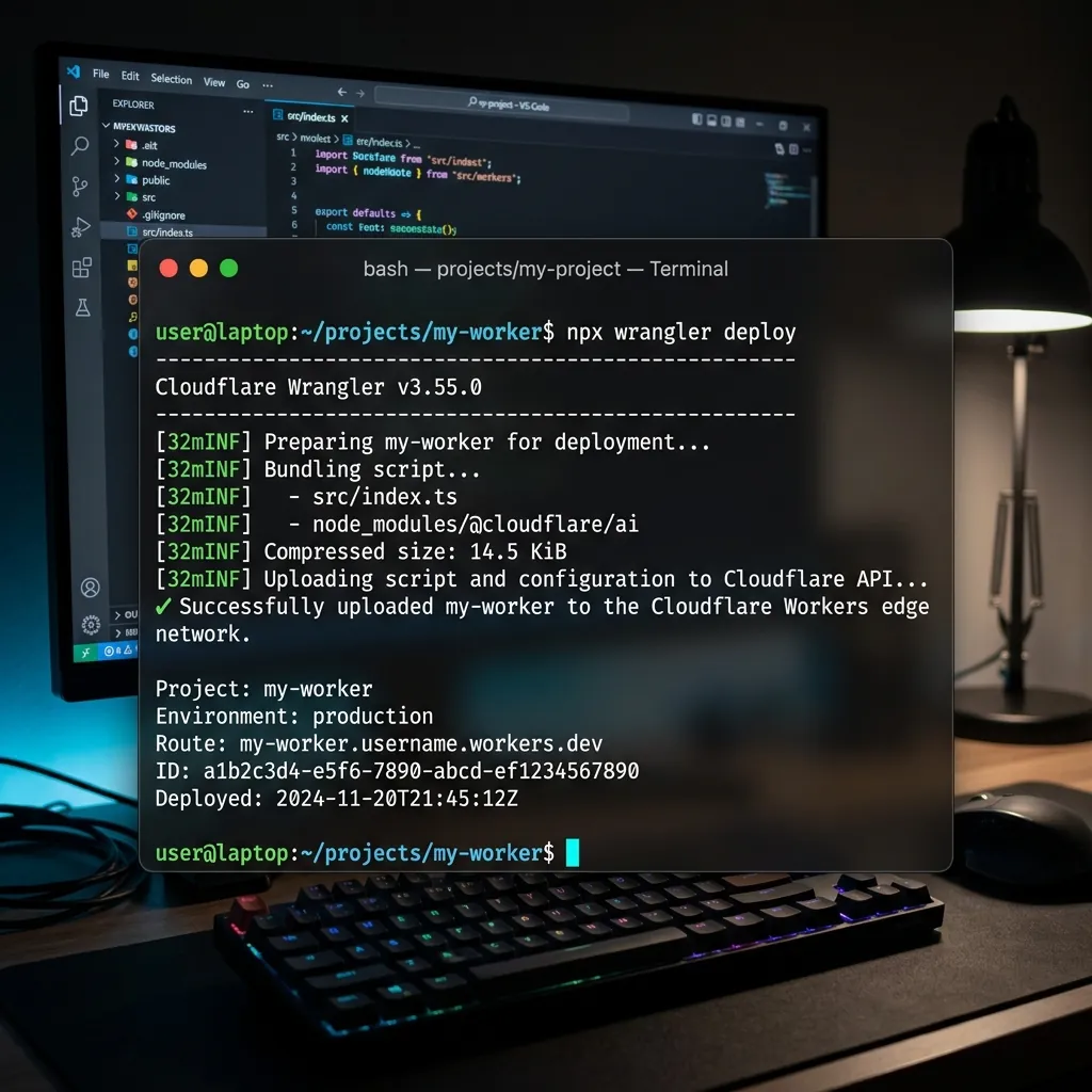 Screenshot of terminal running npx wrangler deploy showing upload completion status