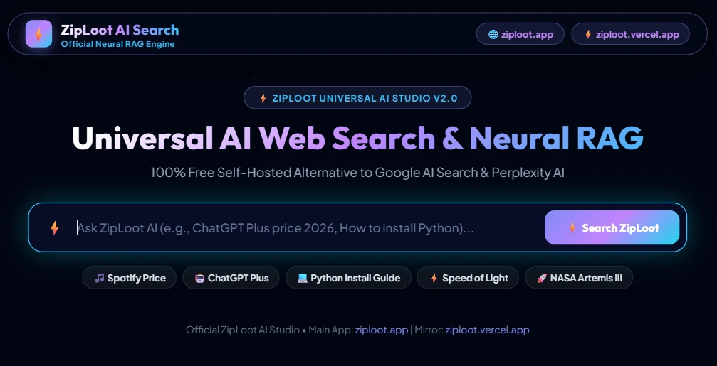 ZipLoot Universal AI Web Search & Neural RAG Interface